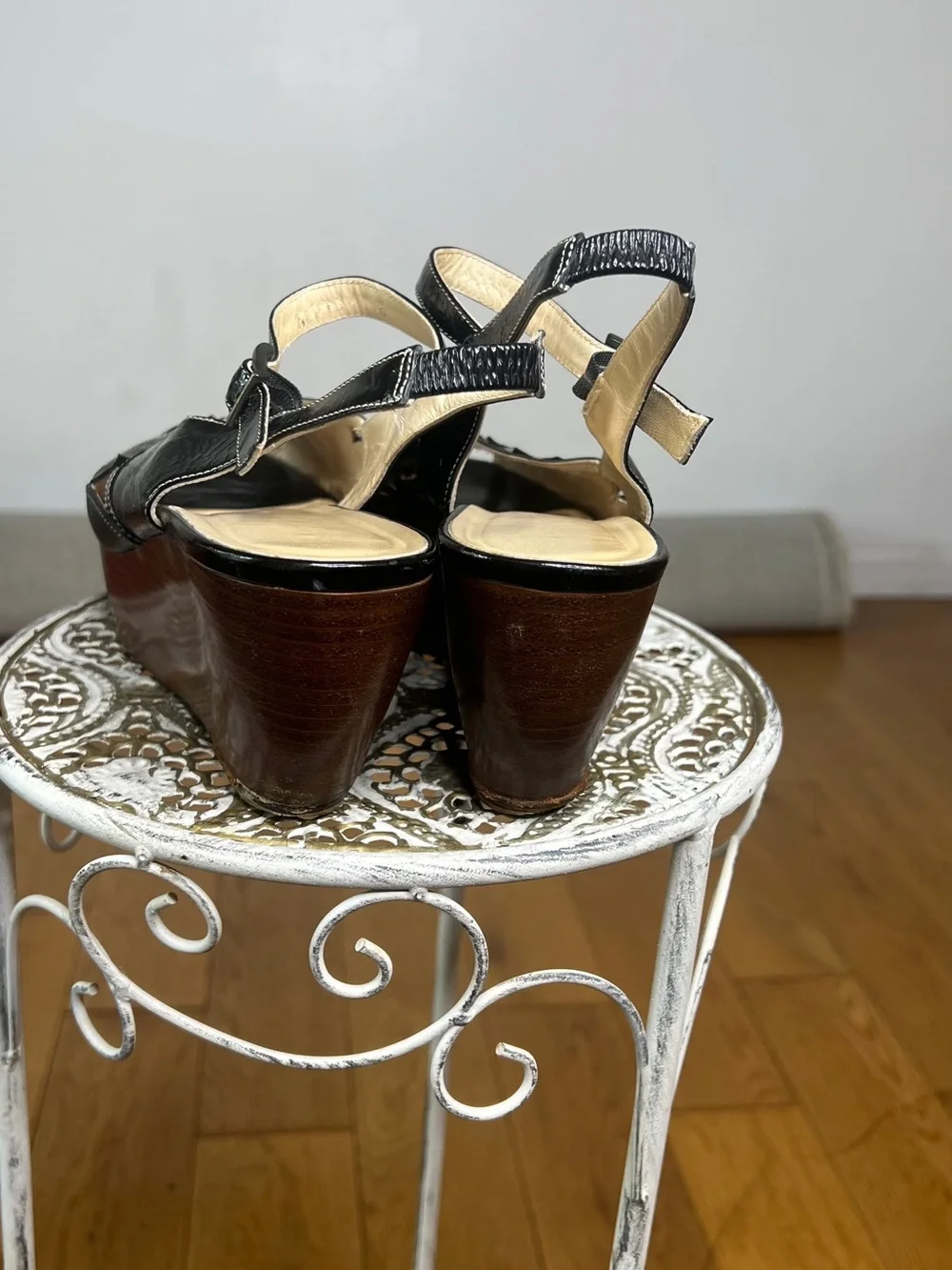 Nanette Lepore Black Leather Floral Cutout Wedge Sandals